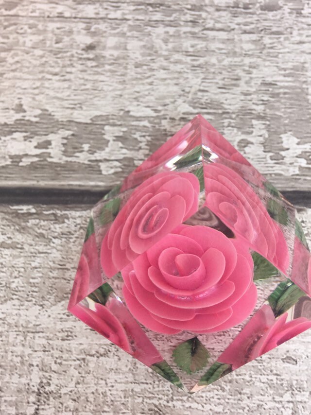 Reverse carved Lucite paper weight with pink rose design Etsy