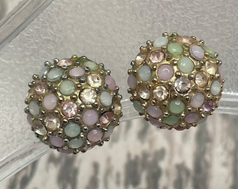 Pastel  diamanté clip on cluster earrings - vintage fifties pink and green earrings for women