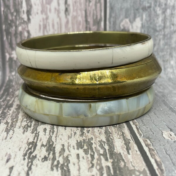 Vintage bangle set  -  three patterned brass and white  bangles for women