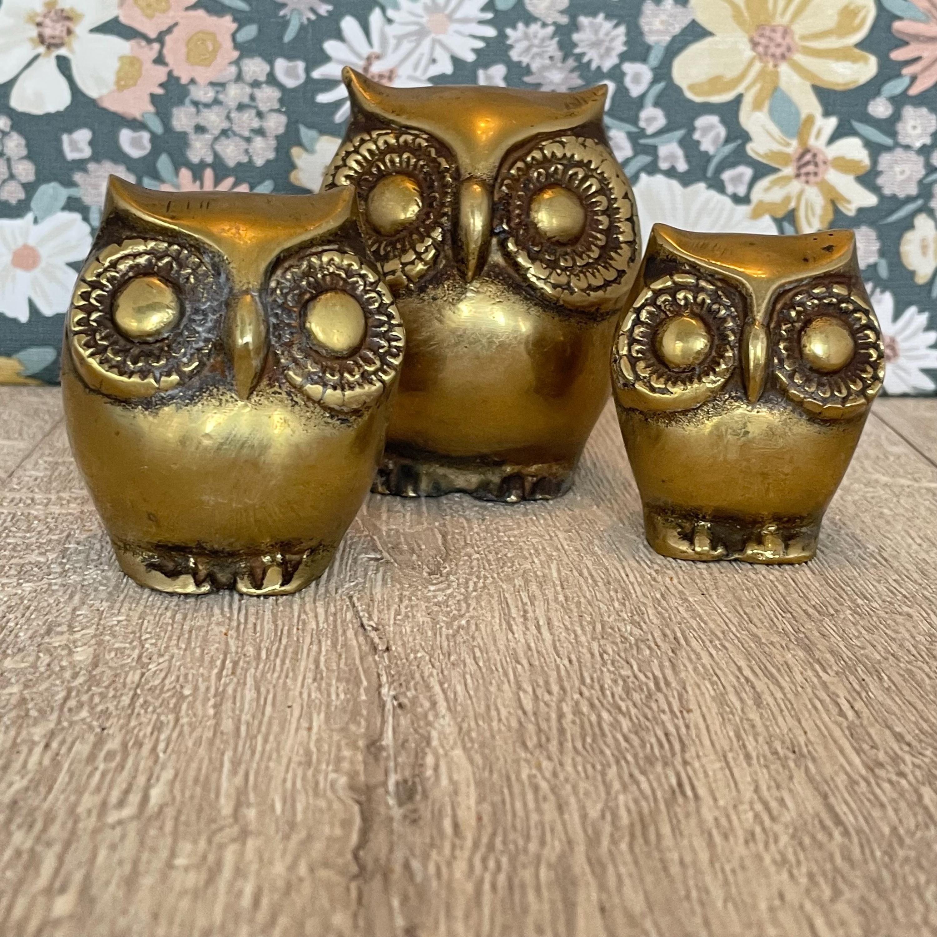 Set of 3 Brass Owls – Vintage Graduated Ornaments, Woodland Home 