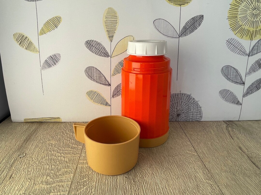 Vintage Aladdin Flask in Orange and Beige Vacuum Flask for Hot or Cold