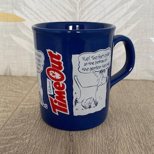 Vintage Cadbury&#39;s Time Out Mug: Blue Comic Strip Chocolate Bar Advert