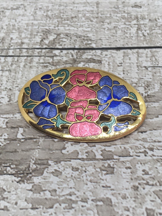 Cloisonne enamelled brooch , pink and blue pansy … - image 6