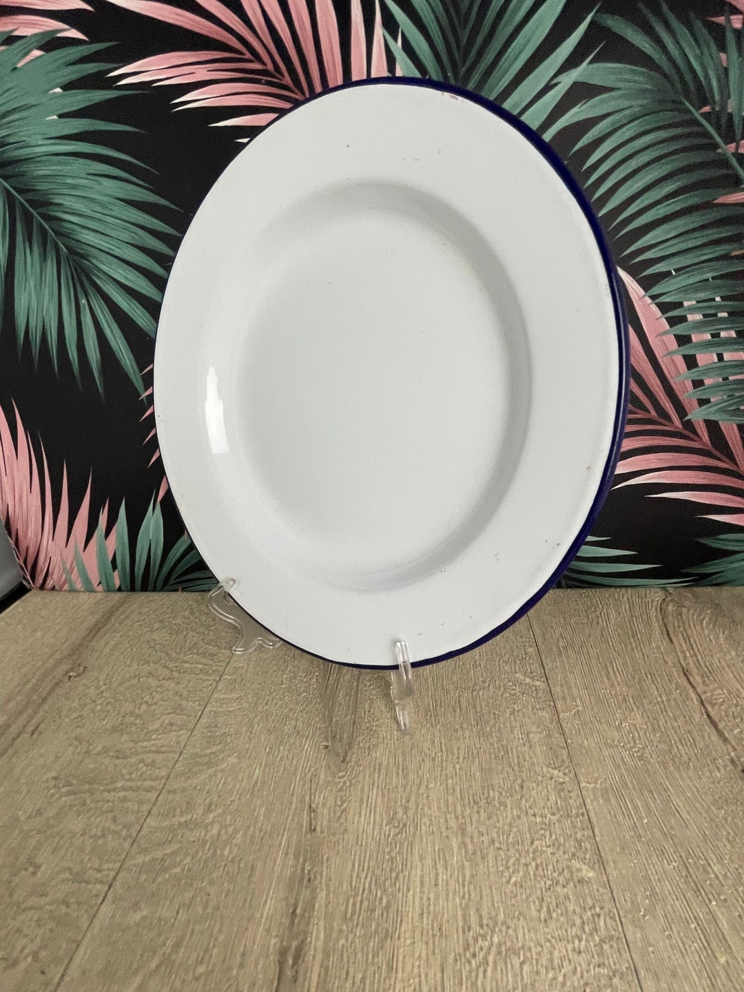 White Enamelled Plate With Blue Rim - Vintage Tin Ware Dinner Plate ...