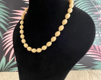Beige Ribbed Plastic Bead Necklace - Princess Length