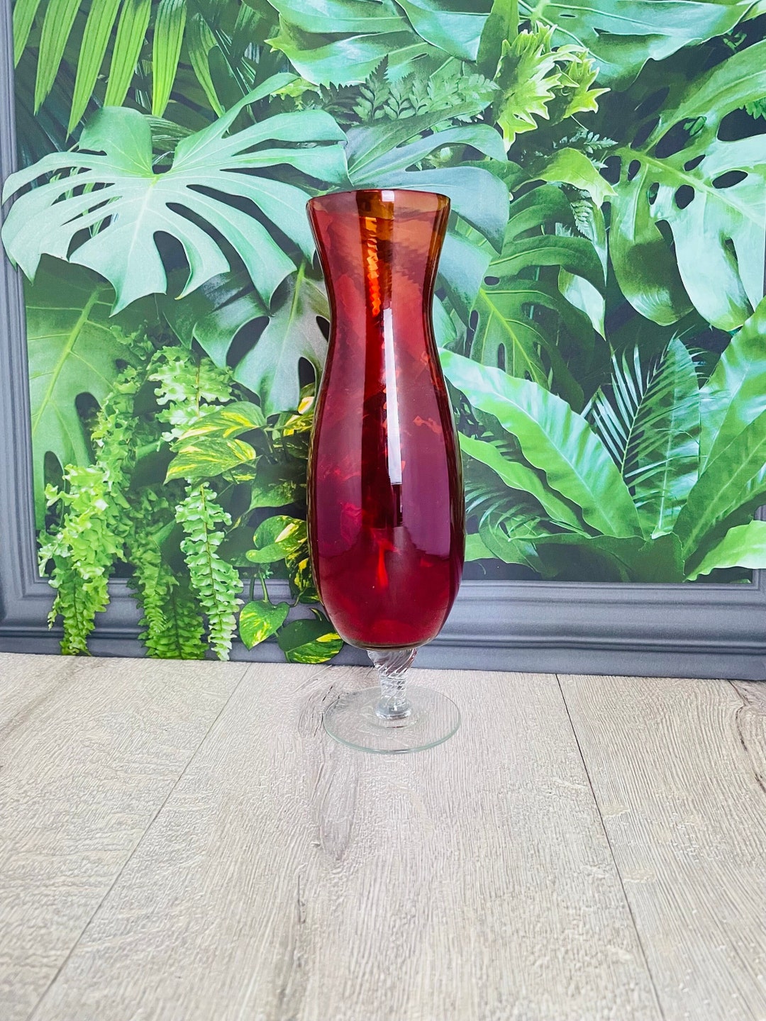 Flame Red Mid Century Era Tall Glass Vase With Twisted Stem Vintage