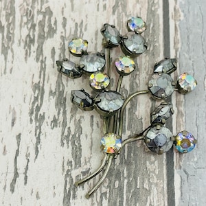 Gothic Rhinestone Brooch - Vintage Flower Spray Pin with Dramatic Sparkle
