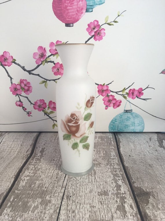 White opaline glass vase with pastel pink rose decoration
