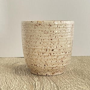 May include: A speckled ceramic cup with a beige base and brown spots. The cup has a cylindrical shape with a slightly textured surface. The cup is suitable for beverages and is a neutral colour.