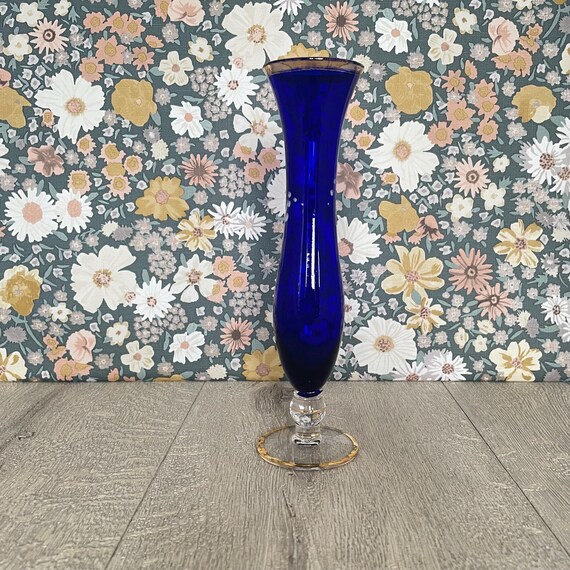 Cobalt Blue Bohemian Vase - Vintage Czech Glass With Blossom