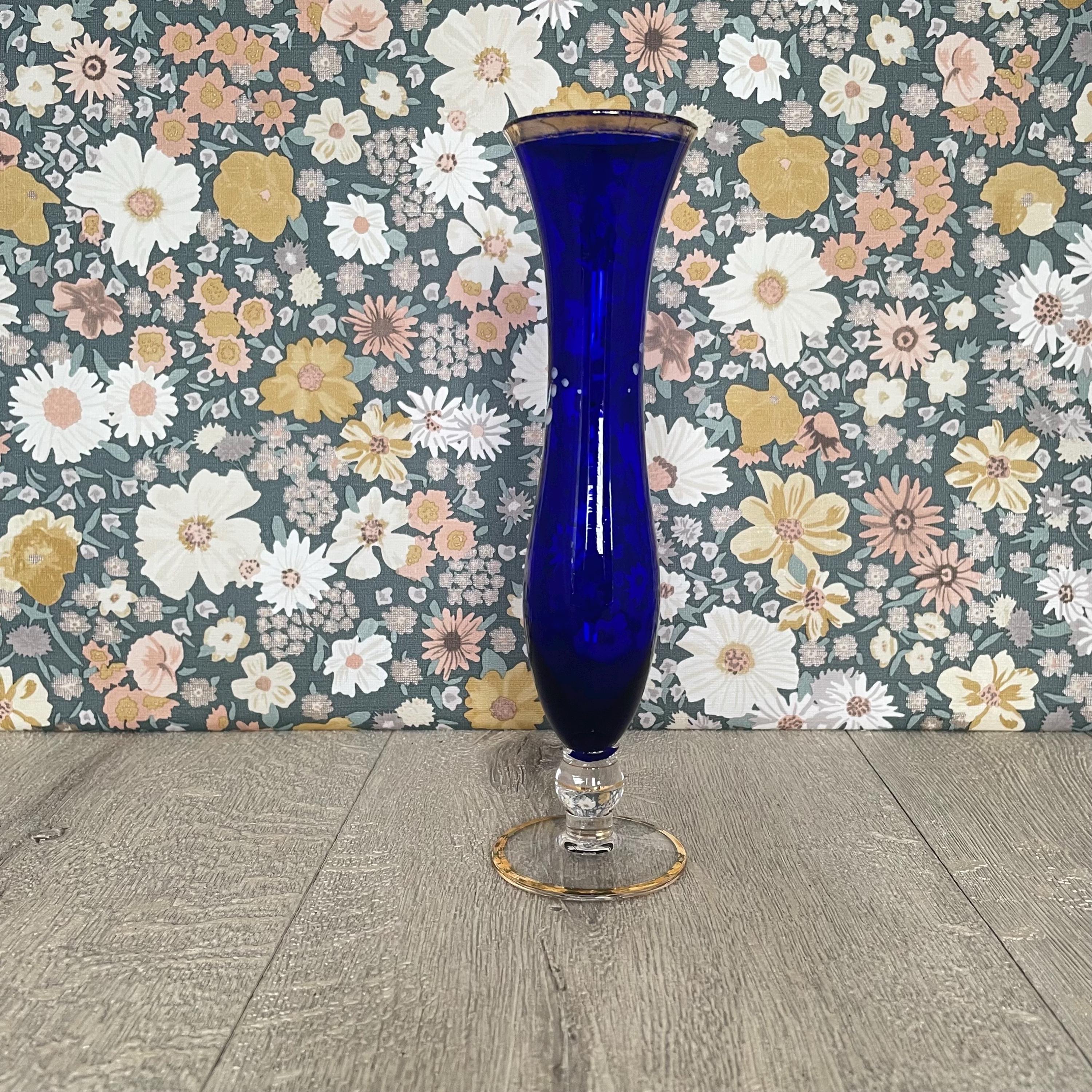 Cobalt Blue Bohemian Vase - Vintage Czech Glass With Blossom