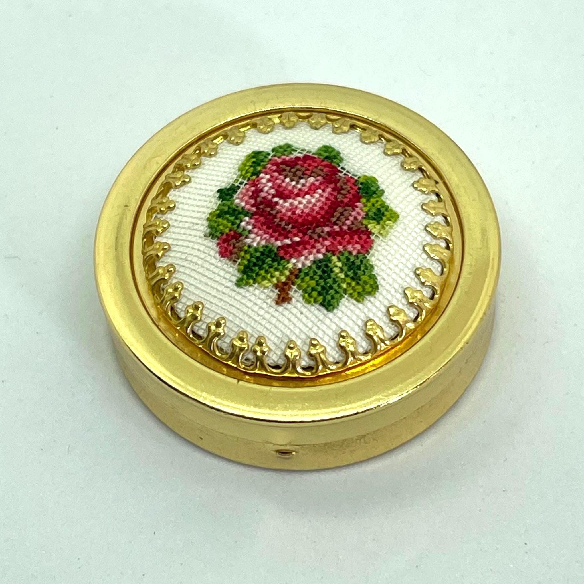 Floral Pill Box - Gold Coloured With Rose Cross-stitch Pattern to