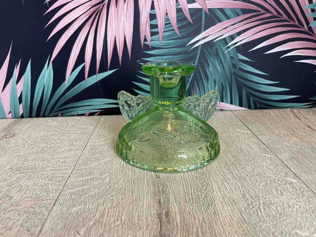 Green Glass Candlestick From Vintage Dressing Table Set Etsy