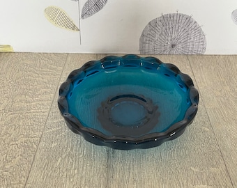 Mid century modern Sowerby kingfisher teal blue trinket dish or ashtray - modernist glass home decor