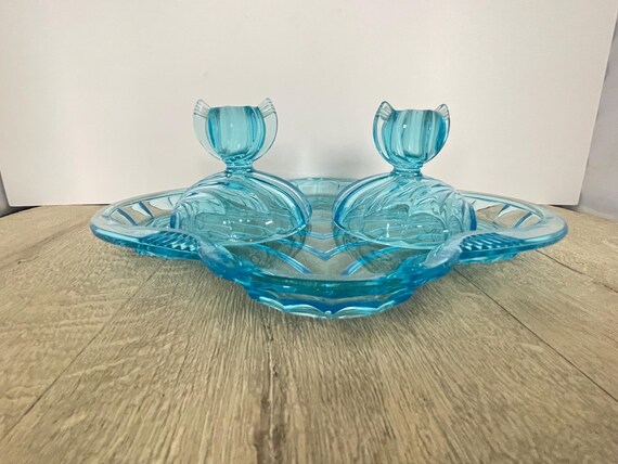 blue glass dressing table set Art Deco Blue Crystal Dressing Table Set, Set of 4