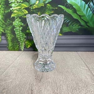 Cut Crystal Bud Vase: Diamond & Heart Pattern, Mid-Century Glass