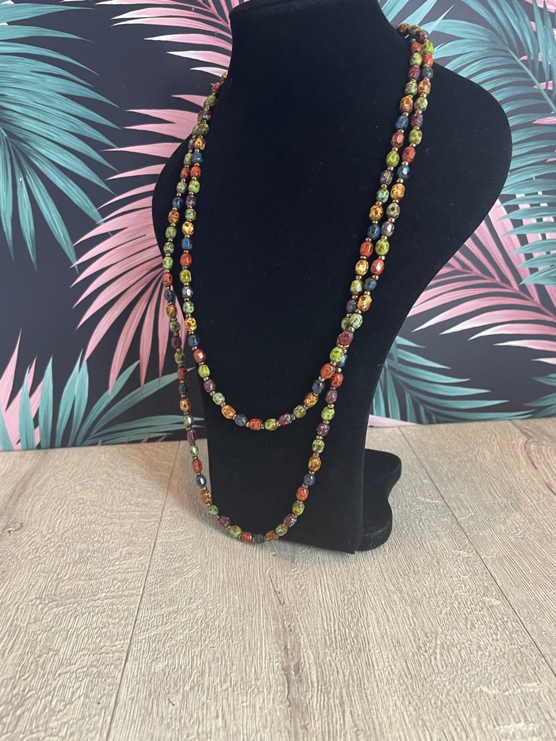 Jazz Glass Rope Length Necklace Vintage Multicoloured Faceted Bead