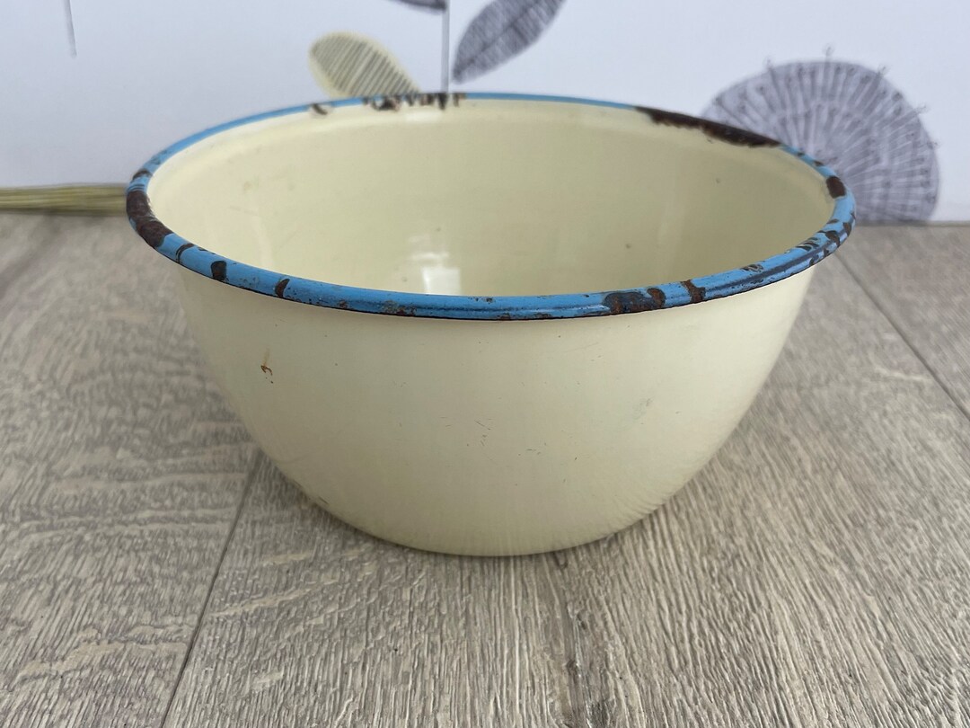 Small Tin Pudding Basin White and Turquoise Blue Enamelled Bowl Rustic