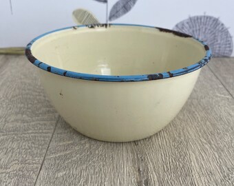 Small tin pudding basin - white and turquoise blue enamelled bowl - rustic vintage kitchen