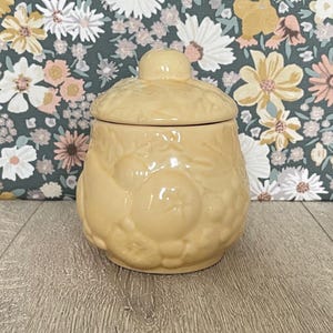 Vintage Yellow Jam Pot – Embossed Fruit Motif, Ceramic Preserves Jar