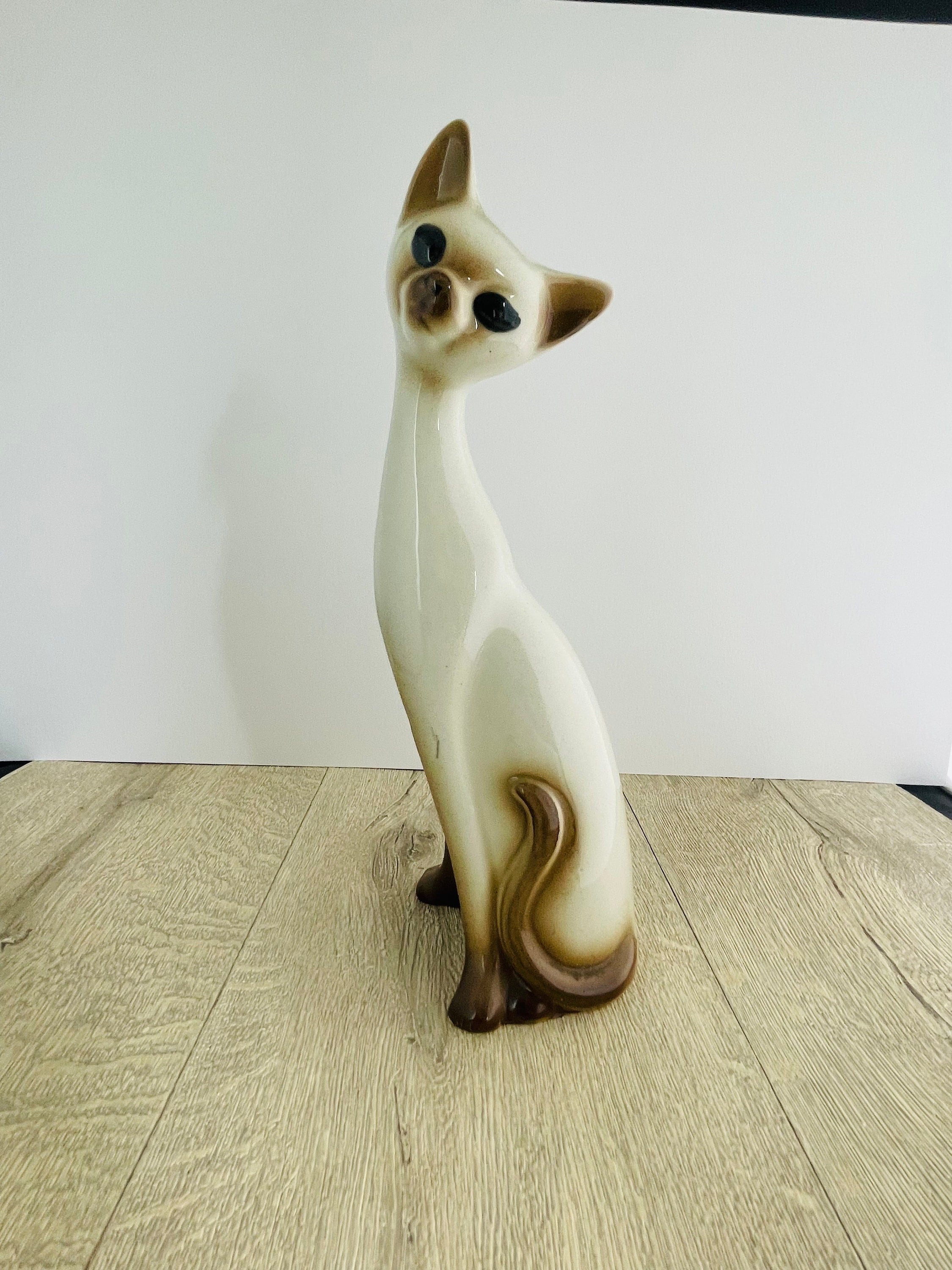 Siamese Cat Ornament Spur Pottery Mid Century Era Long Neck Big