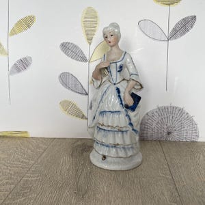 Delftware style blue and white regency lady figurine