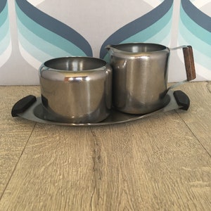 Stainless Steel Sugar Bowl Milk Jug and Tray with Wooden Handles - MCM Tea Set