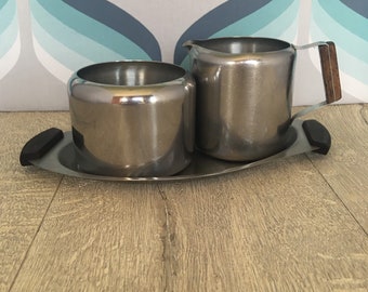 Stainless Steel Sugar Bowl Milk Jug and Tray with Wooden Handles - MCM Tea Set