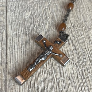 Long Rosary Necklace – Brown Beads with Wood and Metal Crucifix