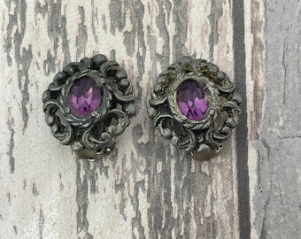 Purple rhinestone and silvered filigree clip on earrings - Vintage gothic aesthetic jewellery