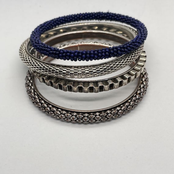 Instant Bangle Stack - Silver and Blue Narrow Met… - image 9