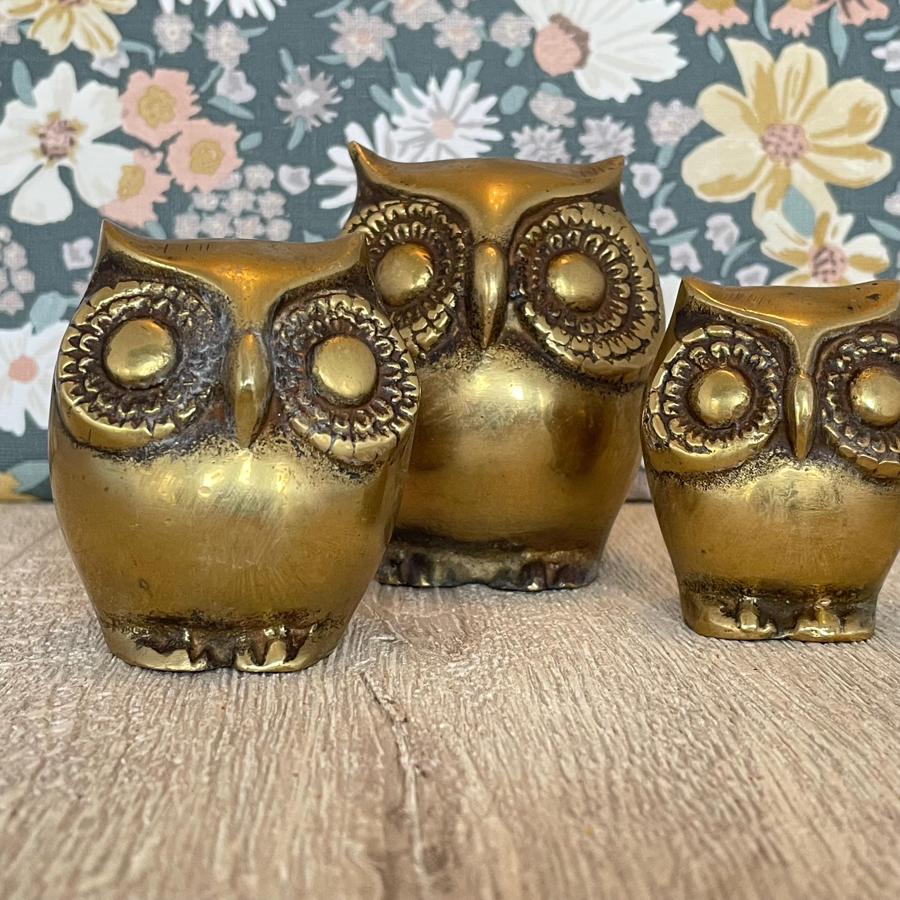 Set of 3 Brass Owls – Vintage Graduated Ornaments, Woodland Home