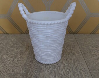 Sowerby milk glass basket spill vase  - white basket weave  Victorian glass vase
