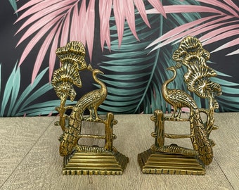 Brass peacock bookends or fireside ornaments - vintage gift for home library