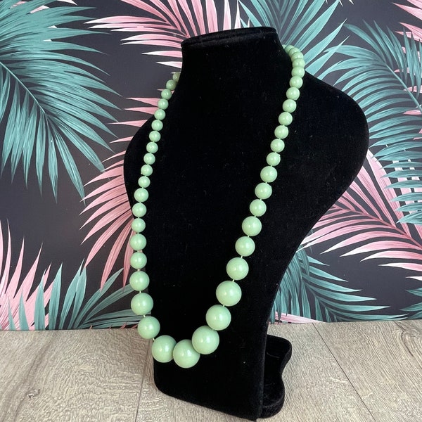 Sage green vintage beaded necklace for women - Matinee length plastic graduated bead necklace