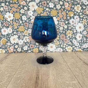 Vintage Inky Blue Brandy Glass – Clear Twisted Stem, Retro Barware