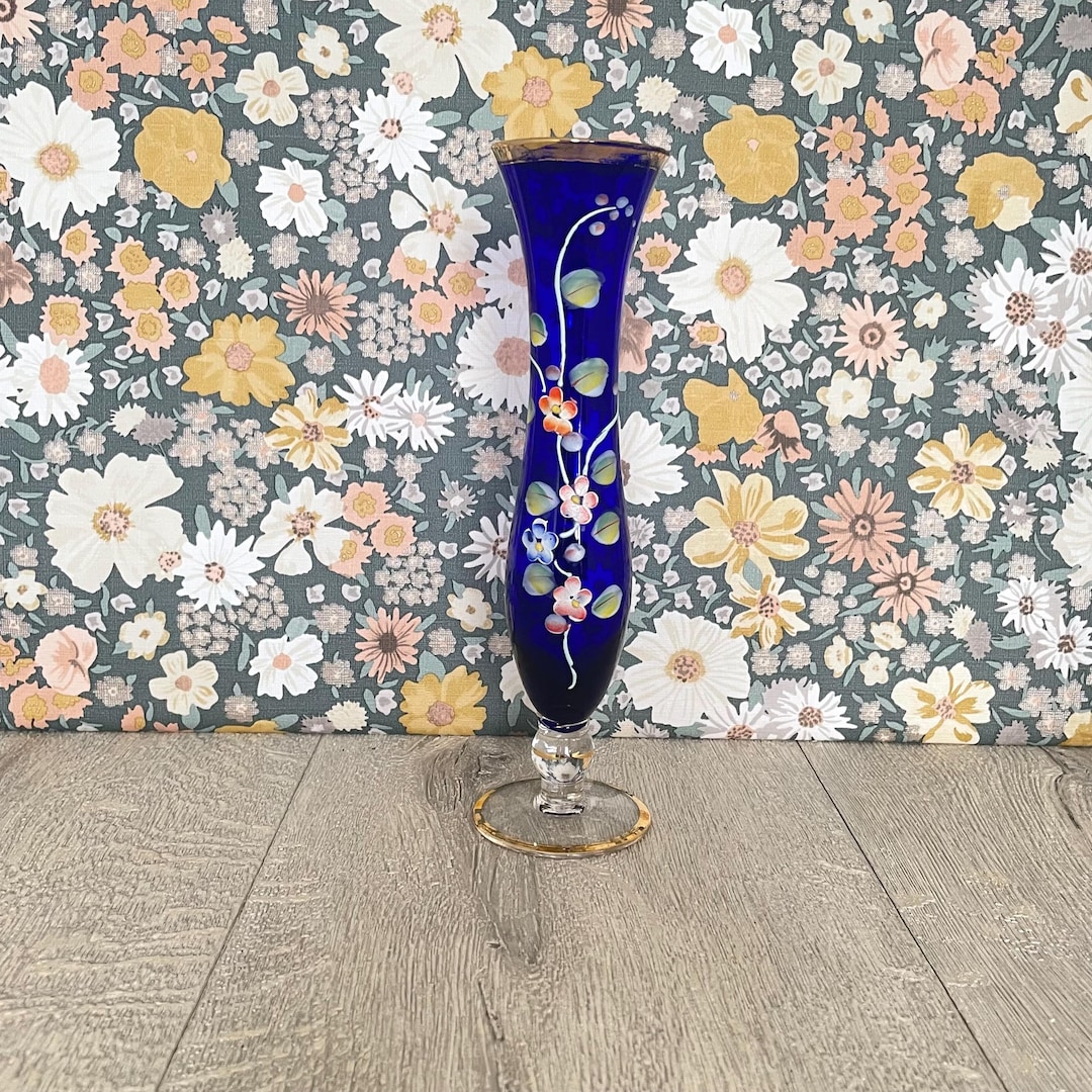 Cobalt Blue Bohemian Vase - Vintage Czech Glass With Blossom
