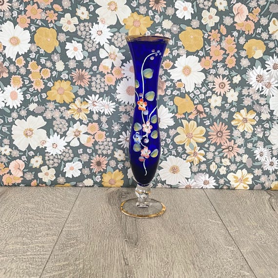 Cobalt Blue Bohemian Vase - Vintage Czech Glass With Blossom