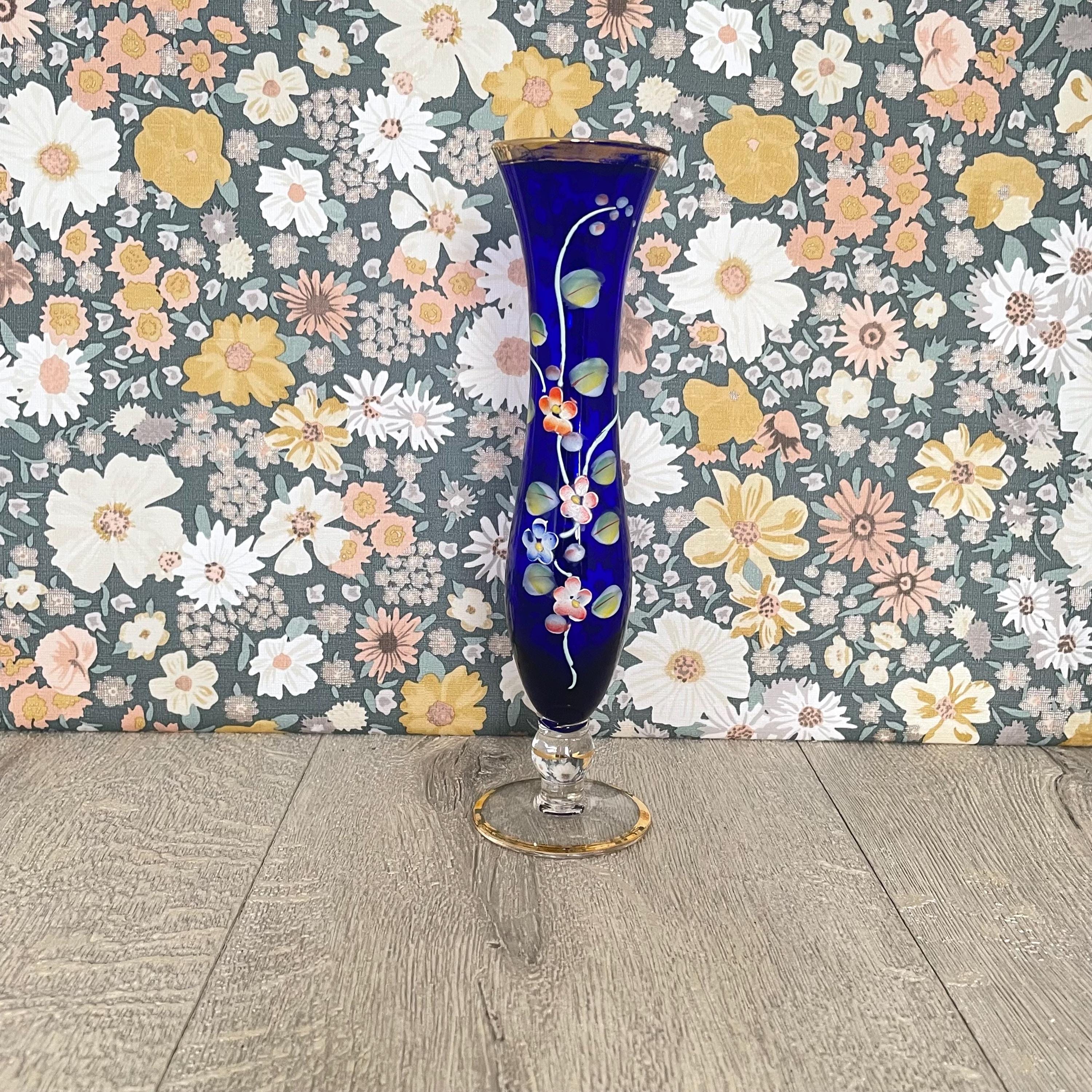 Cobalt Blue Bohemian Vase - Vintage Czech Glass With Blossom