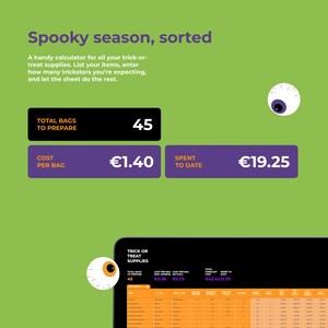 May include: A digital spreadsheet interface on a screen with a green background, featuring the text Spooky season, sorted. It displays data fields for trick-or-treat supplies, including total bags to prepare 45, cost per bag 1.40, and 19.25 spent to date.