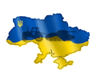 Może przedstawiać: Mapa Ukrainy w kolorze niebieskim i żółtym z sylwetką ciągnika ciągnącego czołg. Mapa zawiera ukraiński symbol trójzębu w lewym górnym rogu.