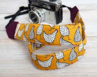 Cute Hen Camera Strap, Chicken Print Binocular Strap, Personalised DSLR Camera Strap, Farm Photography, Mustard Yellow and Blue Strap