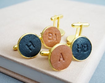 Monogram Cufflinks, Gold Brass, Italian Leather, Personalised Wedding Gift