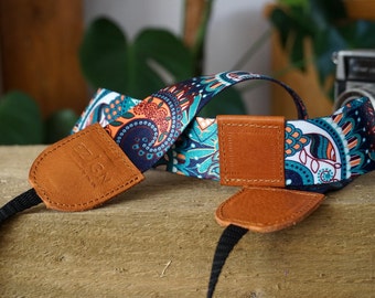 Tribal Print Camera Strap: Leather Accent, Adjustable Webbing
