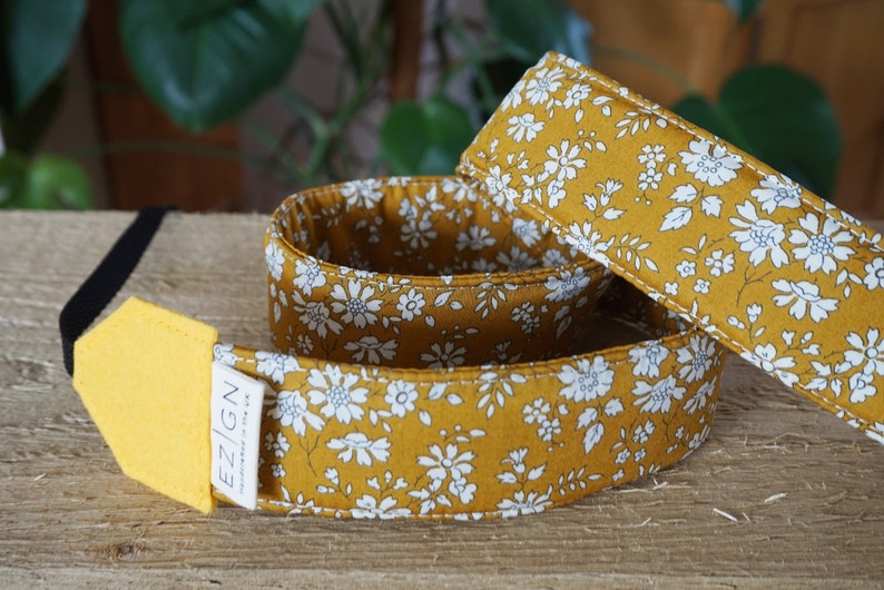 Sunshine Blooms Camera Strap, Mini Floral Yellow Fabric DSLR Strap, Birdwatching, Liberty of London Capel Mustard BEST SELLER image 1