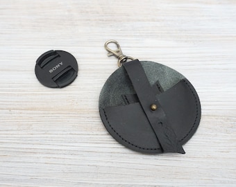 New Leather Lens Cap Case with SD Card Slot, Italian Leather Camera Accessory, Black Brown Lens Cap Holder, Camera Gifts, Personalisation