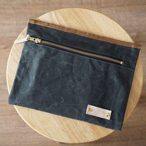 Olive Green Wax Coated Zip Pouch Minimalist Zip Pouch Bag Unisex, style: OVA image 6