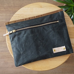 Olive Green Wax Coated Zip Pouch Minimalist Zip Pouch Bag Unisex, style: OVA image 1