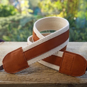 Leather Camera Strap: Woven Cotton Webbing, Personalization Available