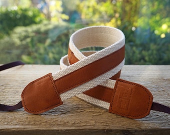 Leather Camera Strap: Woven Cotton Webbing, Personalization Available